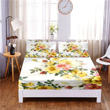 HULIANFU Pretty Flower Digital Printed 3pc Polyester  Fitted Sheet Mattress Cover Four Corners with Elastic Band Bed Sheet Pillowcases