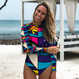 Hulianfu Swimwear Women Print Floral One Piece Swimsuit Long Sleeve Bathing Suit Retro Swimsuit Vintage Beach wear Surfing Swim Suit