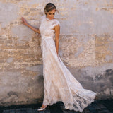 hulianfu  Vintage Champagne Lace Bohemian Wedding Dress A Line Cap Sleeve Sexy Backless Bridal Gown Vestidos de Novia