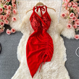 Hulianfu Summer Women Dress Sexy Lace-up Halter Sleeveless Sequins Party Dress High Waist Drawstring Ruched Irregular Backless Club Dress