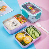 HULIANFU Portable Stainless Steel Lunch Box Double Layer Cartoon Food Container Box Microwave Bento Box for Kids Children Picnic School
