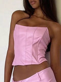 Hulianfu High Quality Summer Crop Top Women Fishbone Double Layer Pink PU Leather Sexy Crop Top Fashion Lady Clubwear Party