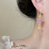 hulianfu Fashion Sweet Pink Zirconia Butterfly Tassel Dangle Earrings For Women Girl Delicate Flower Long Pendientes Jewelry