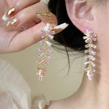 hulianfu Fashion Sweet Pink Zirconia Butterfly Tassel Dangle Earrings For Women Girl Delicate Flower Long Pendientes Jewelry