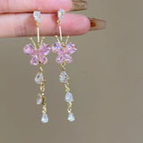 hulianfu Fashion Sweet Pink Zirconia Butterfly Tassel Dangle Earrings For Women Girl Delicate Flower Long Pendientes Jewelry
