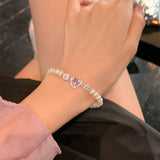 hulianfu Fashion Zircon Pink Heart Pearl Elastic Bracele For Women Girs Delicate Zircon Starlight Bangles Party Jewelry Gifts