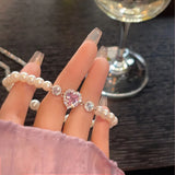 hulianfu Fashion Zircon Pink Heart Pearl Elastic Bracele For Women Girs Delicate Zircon Starlight Bangles Party Jewelry Gifts