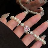 hulianfu Fashion Zircon Pink Heart Pearl Elastic Bracele For Women Girs Delicate Zircon Starlight Bangles Party Jewelry Gifts