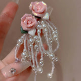 hulianfu Korean Fashion Pink Resin Flower Pearl Tassel Dangle Earrings For Women Luxury Super Fairy Fresh Earring Jewelry