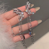 hulianfu Korean Fashion Zirconia Butterfly Clips Earrings For Women Pearl Tassel Ear Bone Clip Aretes De Mujer Modernos