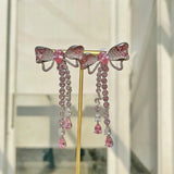 hulianfu Korean Luxury Elegant Pink Cystal Bowknot Drop Earrings For Women Girls Fashion Rhinestone Long Pendientes Jewelry