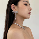 hulianfu Korean Luxury Elegant Pink Cystal Bowknot Drop Earrings For Women Girls Fashion Rhinestone Long Pendientes Jewelry