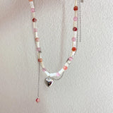 hulianfu Korean Sweet Pink Opal Beads Metal Heart Pendant Necklace For Women Trendy Bamboo Joint Chain Choker  Jewelry Gifts