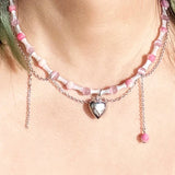 hulianfu Korean Sweet Pink Opal Beads Metal Heart Pendant Necklace For Women Trendy Bamboo Joint Chain Choker  Jewelry Gifts