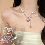 hulianfu Korean Sweet Pink Zircon Love Flowers Waterdrop Necklace For Women Girls Pearl Chain Collar Collarbone Wedding Party
