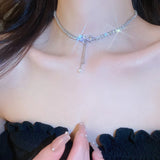hulianfu Korean Zircon Love Bowknot Pearl Tassel Pendant Necklace For Women Girls Shiny Rhinestone Chain Gift Wedding Party