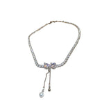 hulianfu Korean Zircon Love Bowknot Pearl Tassel Pendant Necklace For Women Girls Shiny Rhinestone Chain Gift Wedding Party