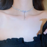 hulianfu Korean Zircon Love Bowknot Pearl Tassel Pendant Necklace For Women Girls Shiny Rhinestone Chain Gift Wedding Party