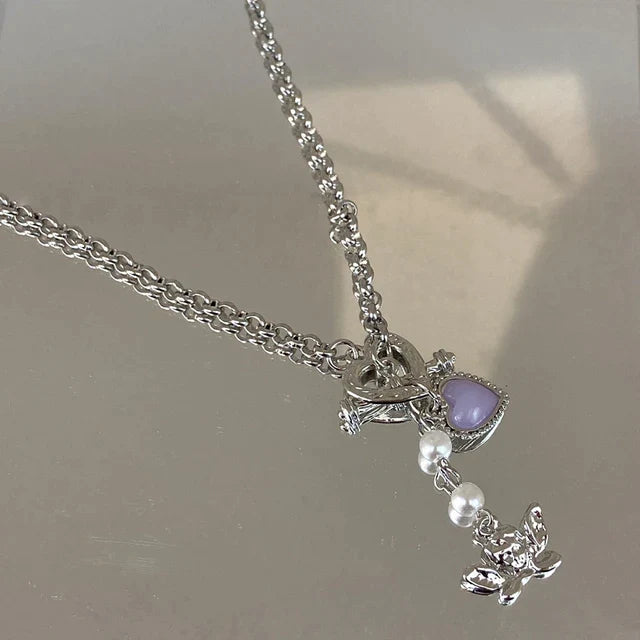 hulianfu Wholesale Korean Fashion Heart Angel Pendant Necklace For Women Girks Trendy Purple Beads Choker Set Jewelry Gifts