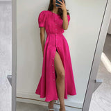 Hulianfu Women's Summer Long Dress Slit 2023 Orange Elegant Short Sleeve Maxi Dresses Office Ladies Buttons Holiday Shirt Dress For Women