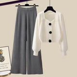 Hulianfu Winter Knit Sets Womens Outfits French Vintage Square Collar Knitted Sweater And Wide Leg Pants Two Pieces Sets Office Lady Sets