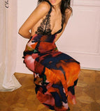 Hulianfu Elegant Tie Dye Floral Chiffon Dress For Women 2023 Summer Sexy Bandage Backless Lace Long Dresses Female Beach Evening Robe