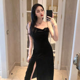 Hulianfu New Vintage Women Dress Spaghetti Strap Slit Velvet Black Dress Sexy Bodycon Bandage Dress Midi Party Dress Verano Vestidos