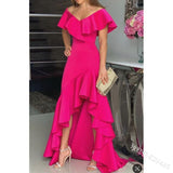 hulianfu European American Elegant Party Dresses Sexy V-neck Irregular Solid Color Maxi Dress Hem Ruffle Women Short Sleeve Floor-Length