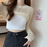 Hulianfu New Women Solid Sweater O-Neck Cropped Sweater Pullover Crop Top Female Short Sleeve Hollow Out Super Cropped Sweaters Shirts