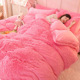 HULIANFU Nordic Pure Color Plush Duvet Cover Set with Sheet Pillow Covers Furry Winter Warm Kawaii Bedding Set Luxury Single Bed Sets