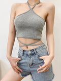 Hulianfu Women Halter Tie Back Cropped Camisole Halter Neck Tie Waist Tank Top