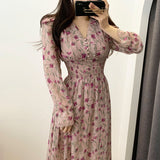 Hulianfu New Flower Dress Women Floral Chiffon Clothes Maxi Dresses Beach Elegant Autumn Pink Korean Long Sleeve V Neck Vestidos De Mujer
