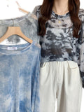 Hulianfu Tie Dye Long Sleeve T-shirts Women Breathable Summer O-neck Design Mesh Sun-proof Loose Tshirts Korean Style All-match Tops Chic