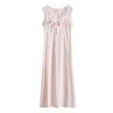 hulianfu V-Neck Sexy Sleeveless Long Nightdress for Women Bow Cute Nightgown Lace Sleepwear Ice Silk Loose Sleepdress Comfort Home Pijama