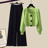 Hulianfu Winter Knit Sets Womens Outfits French Vintage Square Collar Knitted Sweater And Wide Leg Pants Two Pieces Sets Office Lady Sets