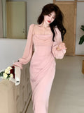 Hulianfu Autumn Solid Elegant Fairy Dresses Women Casual Party Fashion Korean One Piece Dress Female Lace Vintage Chic Midi Dresses