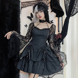 Halter Halloween Cosplay Costumes Gothic Lolita Party Dress White Black Flare Sleeve Fairy Princess Ruffle Cake Kawaii Dresses