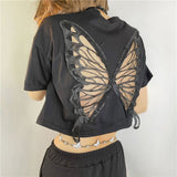 Hulianfu Harajuku Butterfly Wings Black T-shirt Sexy Hollow Out Short Sleeve Crop Top E-girl Dark Academia Grunge Pullovers Tees Women