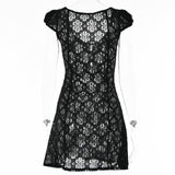 hulianfu Alinemyer Square Collar Black Mini Dress  Summer Sexy High Waist Short Sleeve Beachwear Bodycon Hollow Out Sundress Female