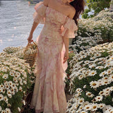 Hulianfu Chiffon Dress for Women Fashion Fairycore Floral Spaghetti Strap Summer Dress Elegant Slash Neck Ruffle Midi Dress