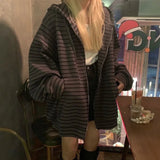 Hulianfu Harajuku Vintage Striped Zip Up Hoodies Women Autumn Spring Long Sleeve Oversized Sweatshirt Korean Grunge Emo Alt Streetwear
