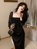 Hulianfu Autumn Solid Elegant Fairy Dresses Women Casual Party Fashion Korean One Piece Dress Female Lace Vintage Chic Midi Dresses
