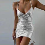Hulianfu Pu Leather Solid Sleeveless Slips Draped Elegant Sexy Bodycon Mini Prom Dress 2023 Summer Women Birthday Party Y2K Clot
