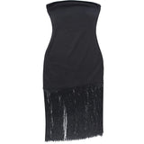 hulianfu Summer Fashion Black Tassel Sexy Tube Top Dress Outfits Women Elegant Evening Party Club Slit Bodycon Mini Dresses  Clothes
