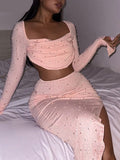 Hulianfu Autumn Pearl Diamonds Suit Women Two Piece Set Folds Polo-Neck Cropped Top Split Long Skirts Outfits Vacation Party