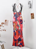 Hulianfu Elegant Tie Dye Floral Chiffon Dress For Women 2023 Summer Sexy Bandage Backless Lace Long Dresses Female Beach Evening Robe