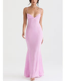 hulianfu Sexy V Neck Sling Backless Maxi Mermaid Dress Elegant Pink Spaghetti Strap Bodycon Long Dress Mermaid Gown Celebrity Party Dress