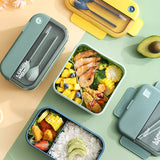 HULIANFU Lunch Box 2 Layers Grids Student Office Worker Microwave Hermetic Bento Box Outdoor Picnic Fruit Food Container with Fork Spoon