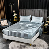 HULIANFU Luxury Jacquard Satin Stripe Silk Bed Sheet Set King Size High End Soft Smooth Queen Fitted Sheets with Elastic Band Bedsheet