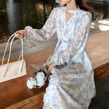 Hulianfu Summer Basic Long Dress Long Sleeve V-Neck Floral Printed Retro Vintage A-Line Women Dresses Chic Korea Fashion Vestidos